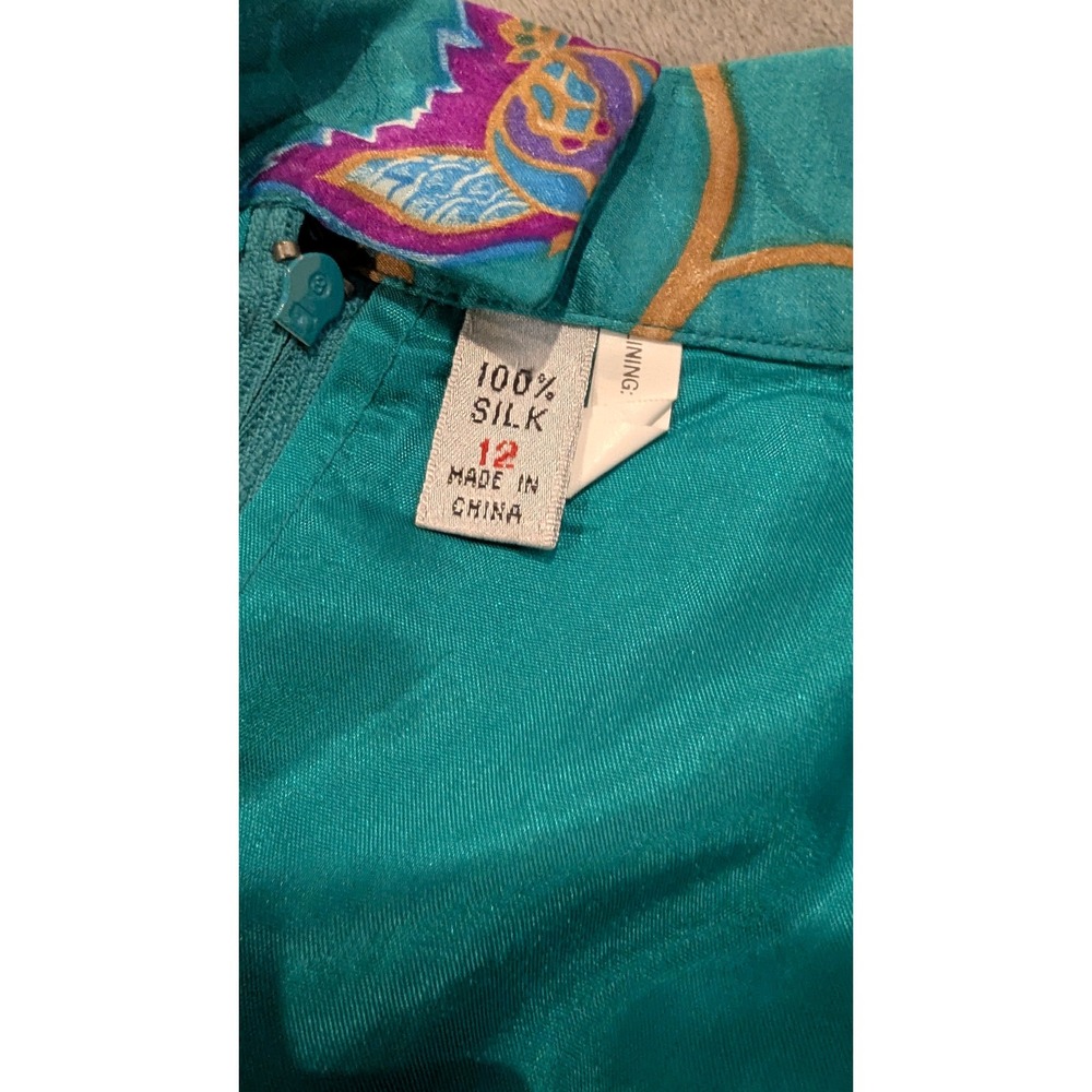 Adrianna Papell Skirt Suit 12 Teal Silk Floral Jacquard Vintage Gold Button 90s - Picture 7 of 8
